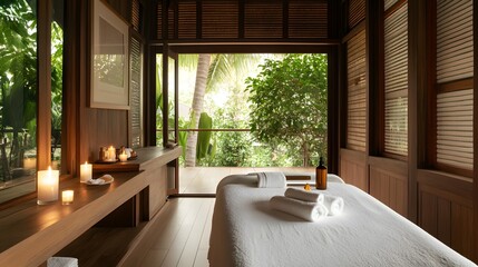 Fototapeta premium Serene Spa Room Tropical Garden View Wellness Relaxation Massage Treatment