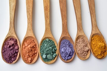 Indian spices - colored powders in wooden spoons on a white background. International cuisine.