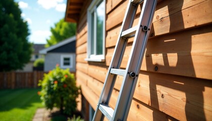 Aluminum ladder against wooden house wall in bright sunlight  