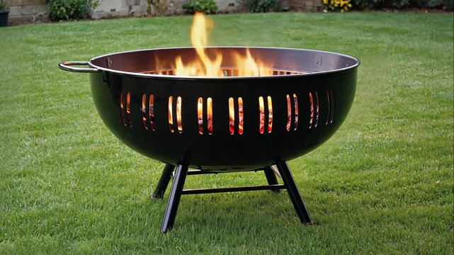 Burning fire pit outdoors on green grass in daylight for recreation and leisure