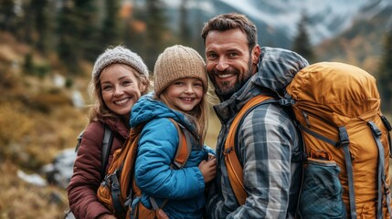A family hiking in the mountains