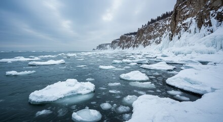 Frozen Coastline Winter Seascape - Stunning winter landscape of a frozen sea with ice floes and a snow-covered cliff in the background. Perfect for winter, nature, and travel themes