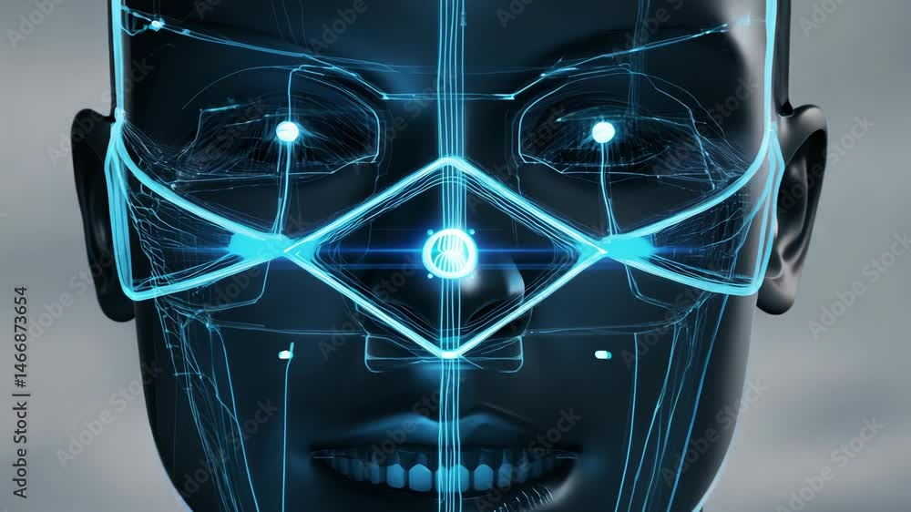 Poster futuristic humanoid robot face close-up scan animation in 4k.