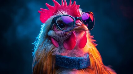 A playful rooster flaunts its personality by wearing trendy sunglasses, set against a vivid and colorful background