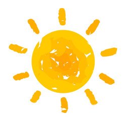 Sun icon, doodle painting style. Childish hand drawing of sun. PNG illustration on transparent background.