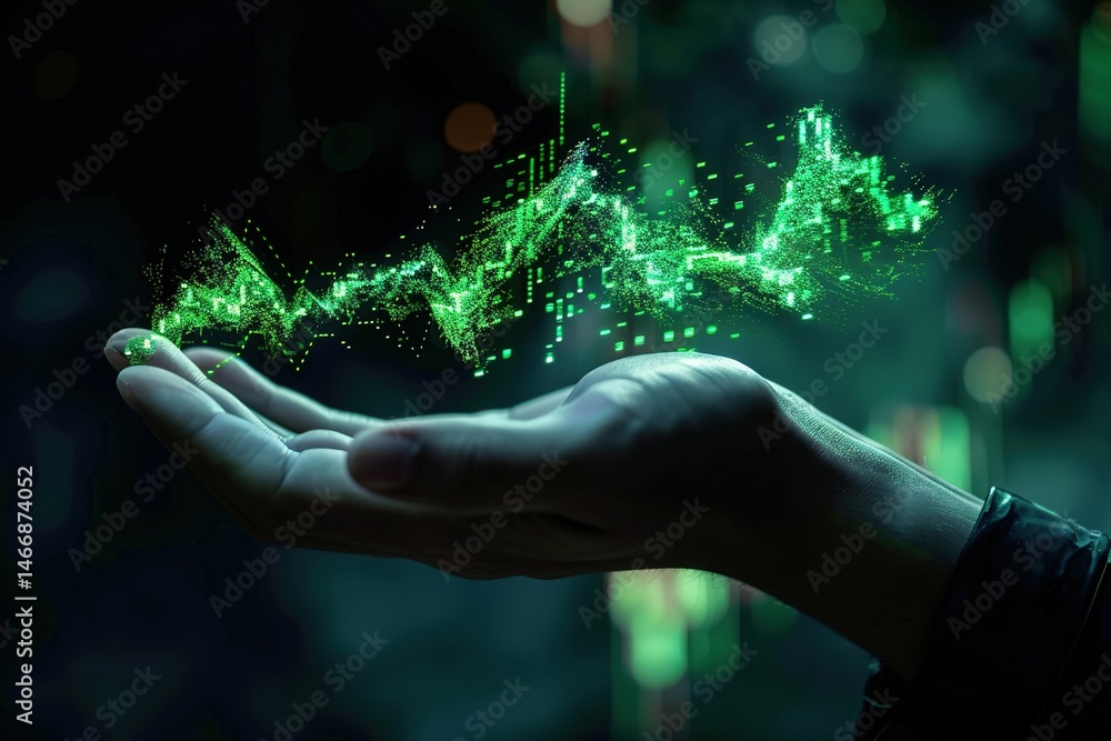 Poster digital data: green luminous chart floating above a hand in dark background