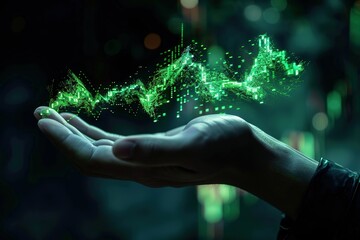 Digital Data: Green luminous chart floating above a hand in dark background