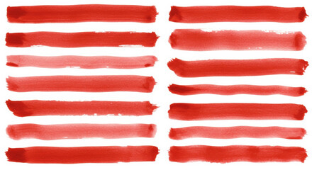 Red watercolor brush strokes on white background. Abstract artistic design elements with horizontal brushstrokes.