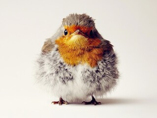 Obraz premium Fluffy robin, front view, close-up, cute, plump, small bird