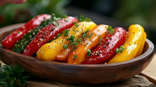 Colorful Mini Bell Peppers with Parsley and Pepper in Wooden Bowl Against Blurred Green Background