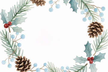 Minimal watercolor wreath with pinecones and mistletoe for New Year, hand-painted on white background with pastel blue tones, perfect for holiday greeting cards or ads