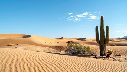 Tranquil landscape of undulating desert with a solitary tree against a blue sky