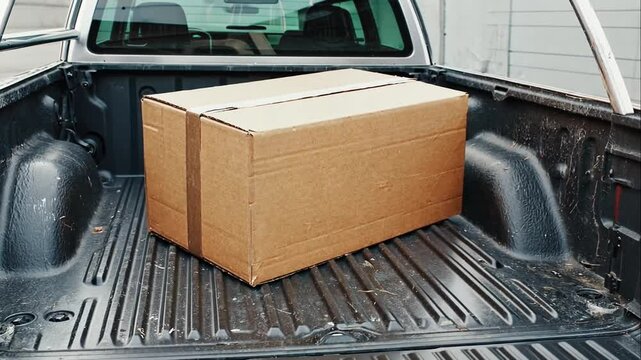 Cardboard box secured in pickup truck bed ready for delivery transport concept