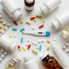 Assorted medication with thermometer and pill bottles