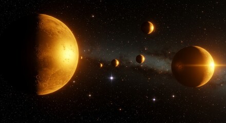 Golden Planets in Deep Space - Stunning of several golden planets aligned in the vast expanse of space, with a galaxy faintly visible in the background