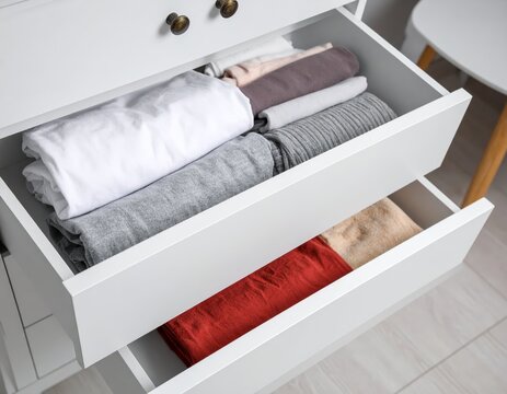 Organizers with folded clothes in drawer indoors