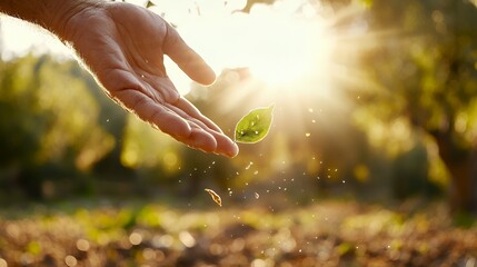 Hand Releasing Leaf in Sunlight Nature and Freshness Concept