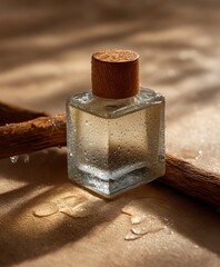 A serene and poetic close-up shot featuring water droplets on a wooden branch, capturing the essence of natural luxury with a frosted glass perfume bottle. Perfect for nature-inspired designs.