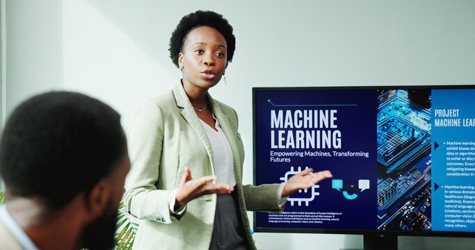 Business woman, screen and machine learning presentation for new innovation, idea and ai product promotion. African speaker, office and pitch proposal to team for equity funding or tech investment
