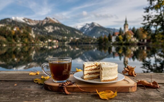autumn Lake Bled, Slovenia, Mountain Lake Lakeside Cake & Tea