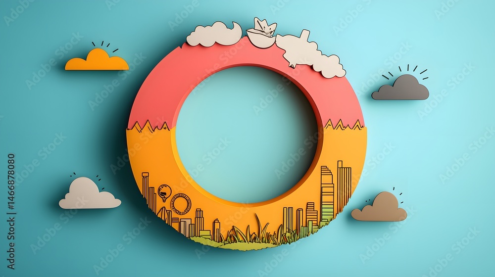 Poster three-way segmented circular infographic ring with city and nature elements