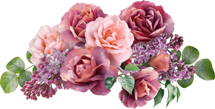 Floral arrangement featuring pink and burgundy roses intertwined with lilac blossoms. Isolated on a transparent background this elegant bouquet is ideal for wedding invitations, greeting cards.