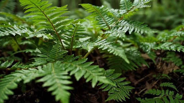 Lush ferns growing on forest floor