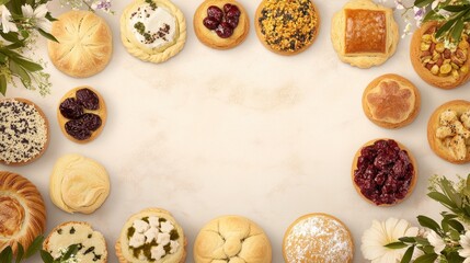 Overhead Still Life of Assorted Pastries and Breads Arranged in a Circle with Floral Accents on Beige Background