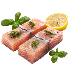 Fresh Salmon Fillets with Lemon and Herbs for Healthy Cooking on transparent background