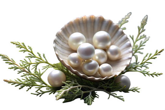Elegant White Pearls Nestled in a Seashell with Delicate Green Foliage