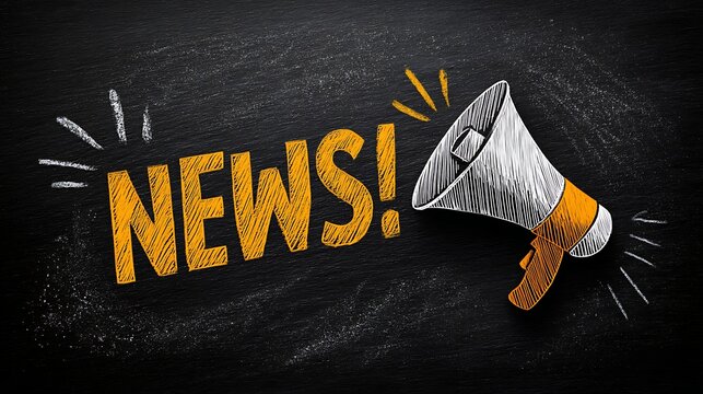 Chalkboard with big news announcement and megaphone illustration conveying excitement and urgency