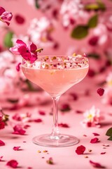Pink cocktail in coupe glass with flower garnish and petal rim on pastel background with blossom petals