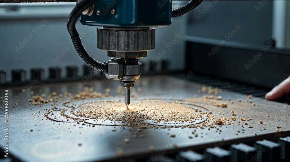 Poster a close-up of a worker's hands operating a cnc machine, metal shavings scattering as the machine car