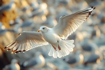 
A group of seagulls flies around the rocks, the camera captures them in motion.