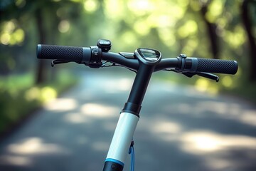Electric scooter handlebars with display and controls, outdoors on a sunny day.