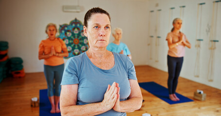 Breathing, namaste and women in meditation class for calm mindset, zen or peace in mental wellness....