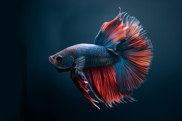 Fototapeta premium A stunning, vibrantly colored betta fish gracefully swims, showcasing its intricate fins and aquatic beauty. Generative AI