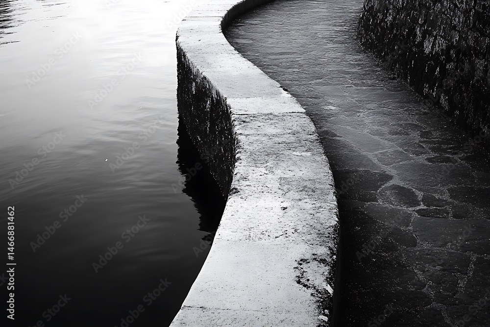 Poster monochromatic view of stone pathway beside tranquil water curving into darkness creating a sense of 