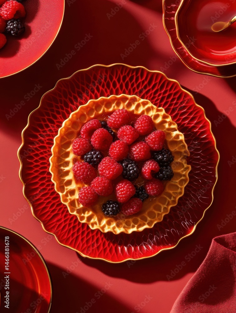 Aufkleber overhead shot of raspberry and blackberry dessert on red textured plate for elegant dining experienc