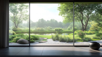 open glass windows with natural pond well-maintained lawn high resolution, ultra realistic, stock photo style