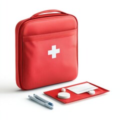 Red first aid kit isolated on white background with medical supplies