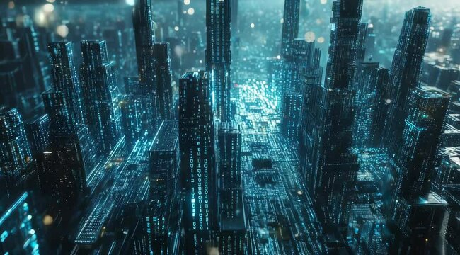 Binary Matrix: A Digital City of Skyscrapers and Futuristic Foundations