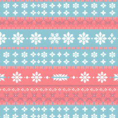 Vibrant Nordic Fair Isle snowflake design in coral and blue pattern.