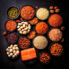 Overhead of protein rich foods in bowls including lentils beans nuts salmon and walnuts on dark surface