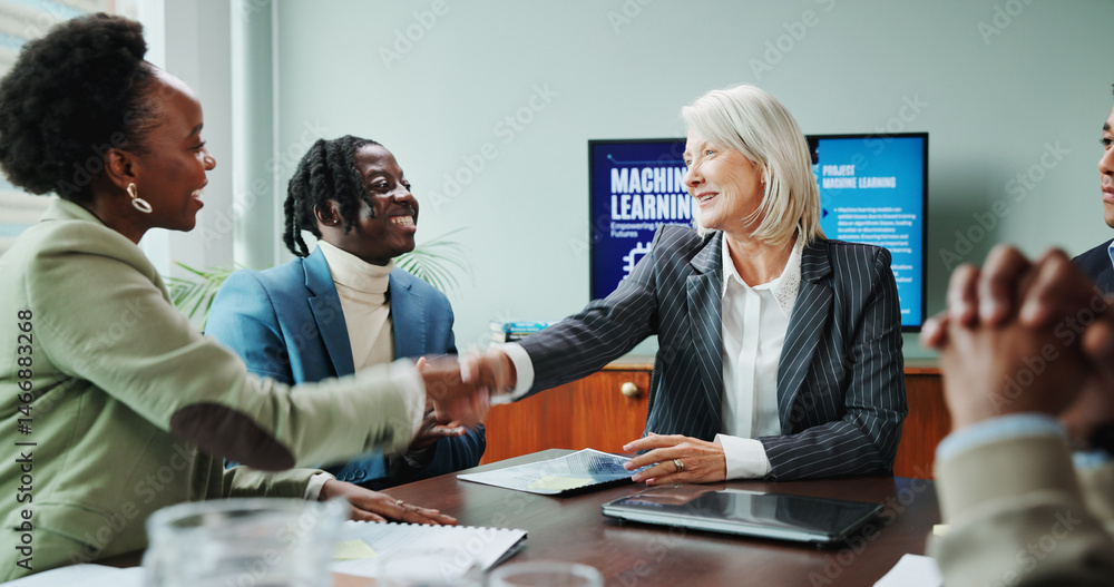 Aufkleber business, people and handshake in presentation for success of b2b onboarding, machine learning deal 
