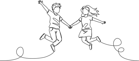 continuous single line drawing of two happy children jumping in joy, line art vector illustration