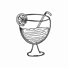 Drink in the cocktail glass with an orange decoration, hand drawn outline cartoonish illustration. Hand drawn cocktail vector illustration. Sketch Style glass with beverage and garnish
