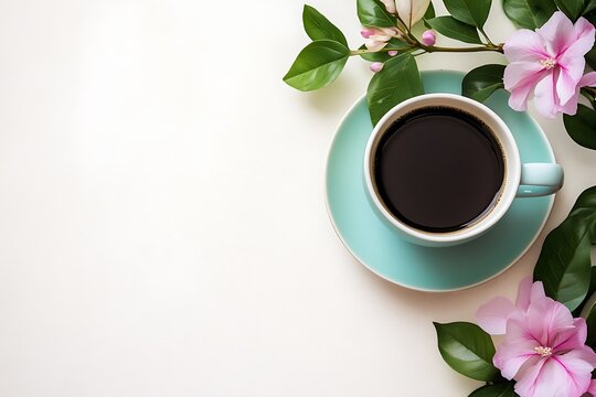 A serene morning coffee break adorned with delicate pink flowers and lush green leaves atop a white background in soft - Powered by Adobe