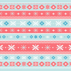 Vibrant Nordic Fair Isle snowflake design in coral and blue pattern.