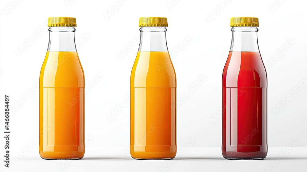 Poster juice bottle with transparent label isolated for product display and branding